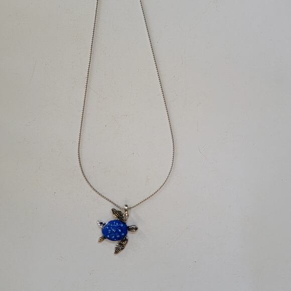 Silver Chain Necklace With Blue Turtle Pendant And Crystal Accent Ocean Jewelry - Picture 2 of 10